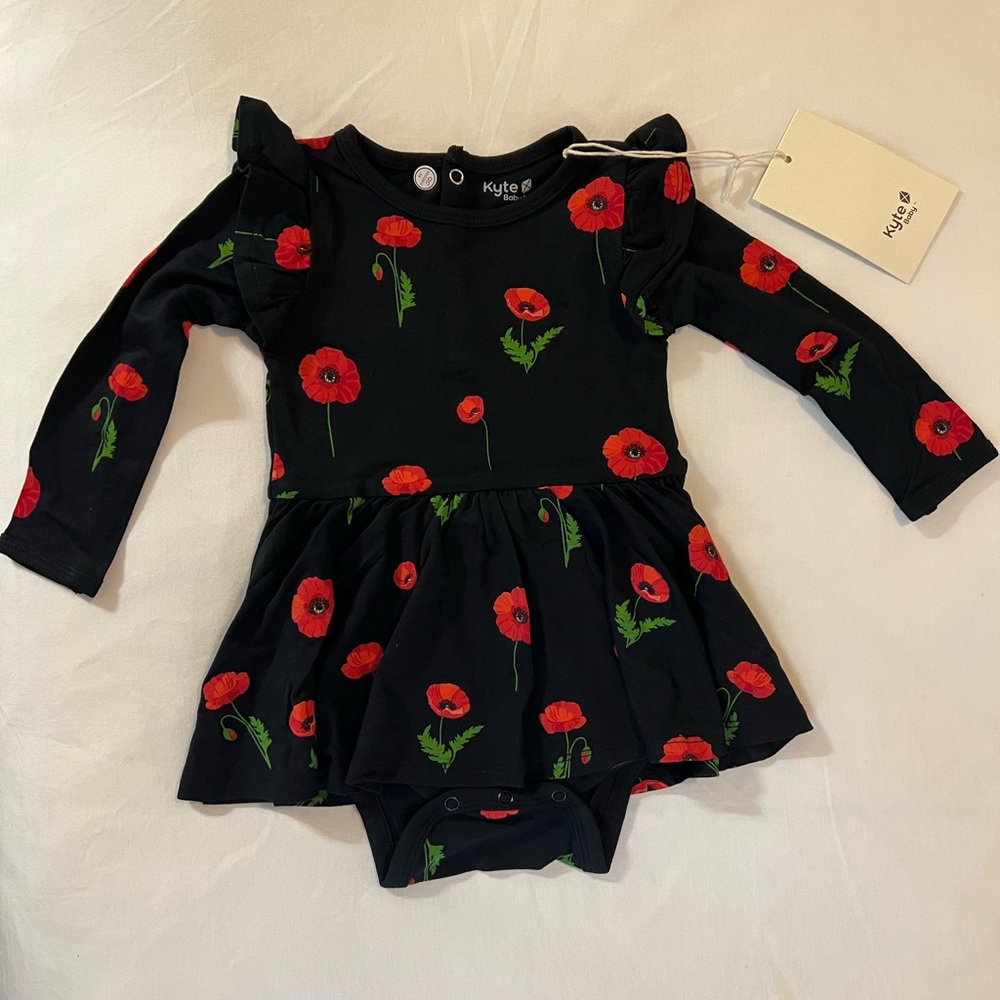 Kyte Baby Long Sleeve Twirl Bodysuit Dress in Midnight Poppies